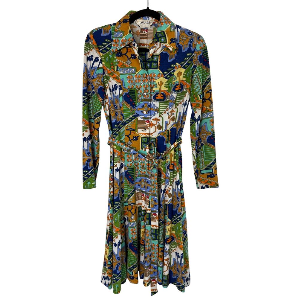 McMullen boutique Aztec novelty dessert pattern belted dress